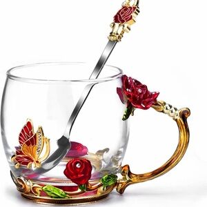 Butterfly Glass Cup With Spoon & Coaster. Enamel Floral Design (5 Available)